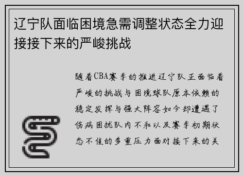 辽宁队面临困境急需调整状态全力迎接接下来的严峻挑战