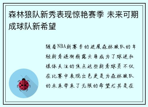 森林狼队新秀表现惊艳赛季 未来可期成球队新希望