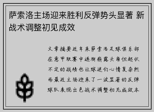 萨索洛主场迎来胜利反弹势头显著 新战术调整初见成效