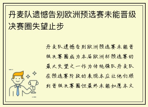 丹麦队遗憾告别欧洲预选赛未能晋级决赛圈失望止步