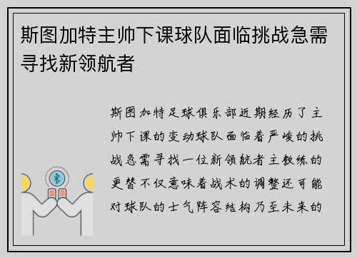 斯图加特主帅下课球队面临挑战急需寻找新领航者