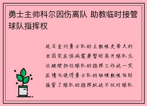 勇士主帅科尔因伤离队 助教临时接管球队指挥权