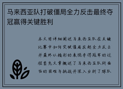 马来西亚队打破僵局全力反击最终夺冠赢得关键胜利